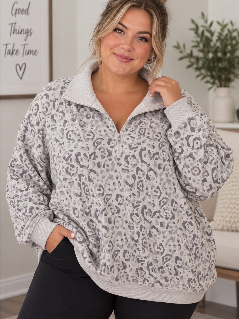 aerie Light Gray Leopard Quarter-Zip Pullover